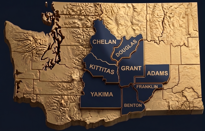 Service County Map showing the state of Washington and Chelan County, Douglas County, Kittitas County, Grant County, Adams County, Yakima County, Benton County, and Franklin County highlighted.
